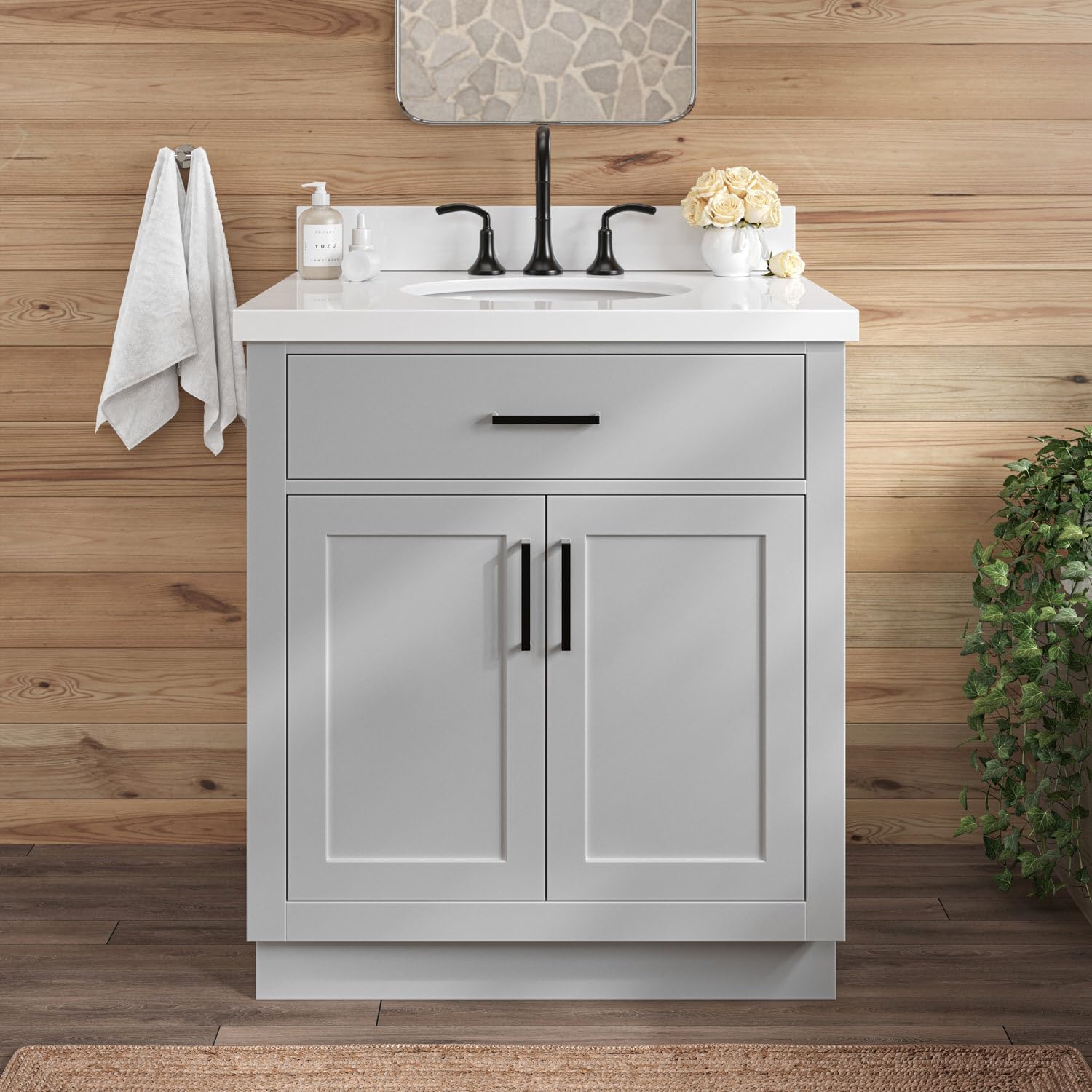 ARIEL Hepburn 30-inch Bathroom Vanity with Sink,Solid Wood, 1.5-inch Pure White Quartz Countertop & Backsplash, Single Oval Porcelain Sink, 2 Soft Closing Doors, 1 Dovetail Drawers, Grey