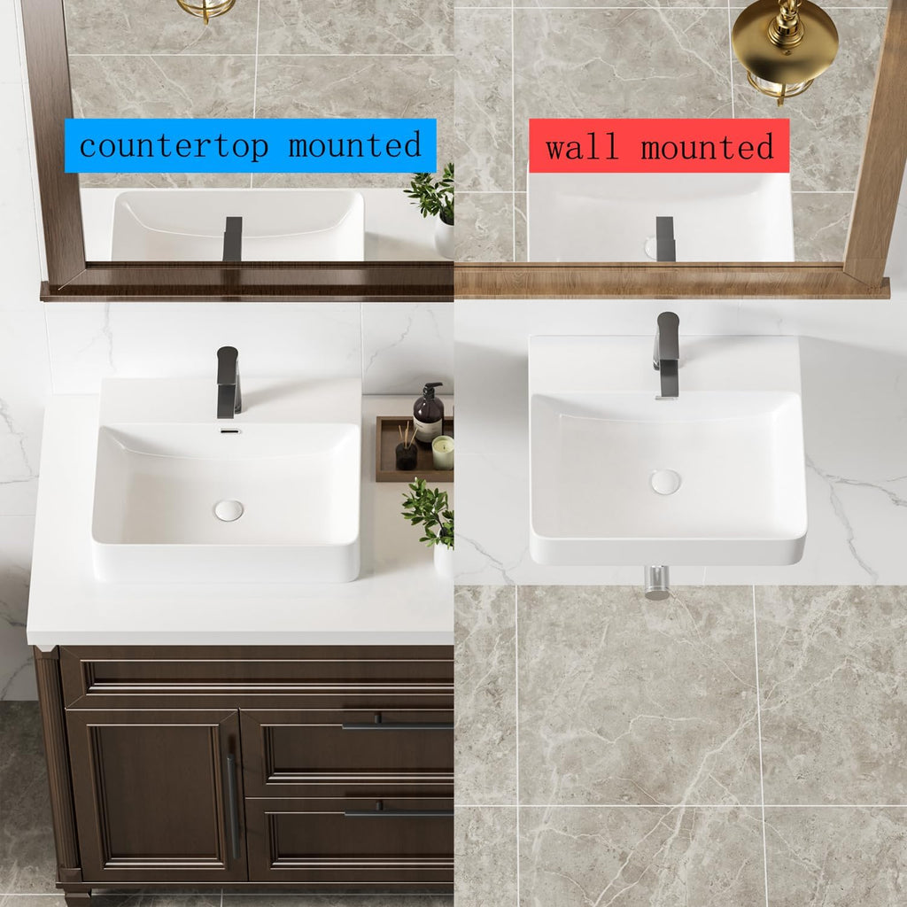 KINGWONG 20 Inch Ceramic Vessel Sink | White Rectangular Bathroom Sink Above Counter or Wall Mounted | Porcelain Vanity Basin with Overflow Hole Easy Clean Glossy Finish for RV Farmhouse Modern Bath