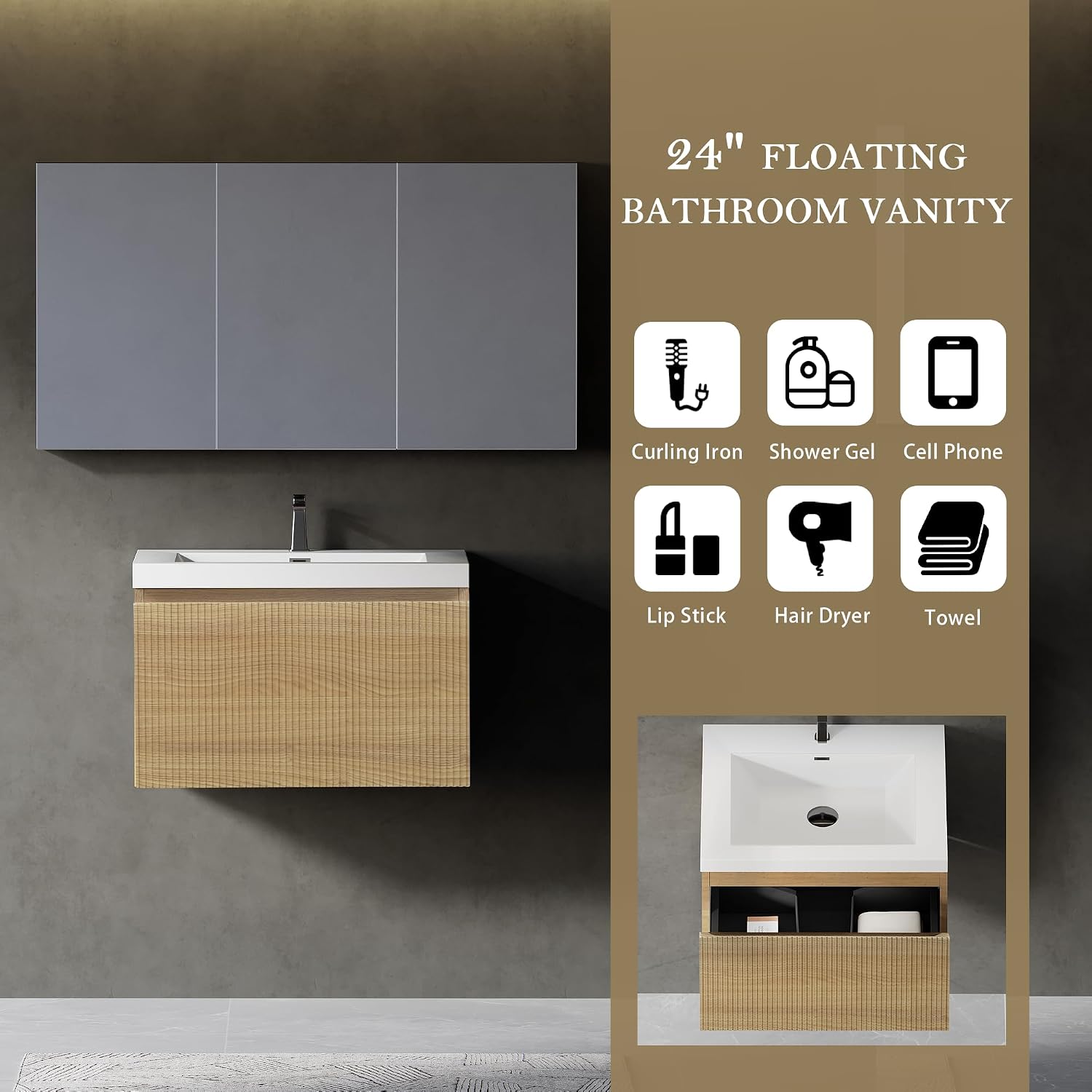 Modern 24'' Floating Bathroom Vanity Sink Combo, Wall-Mounted Striped Cabinet with Soft-Close Drawer, Double Glossy White Basins, Natural Oak Finish - Elegant Storage Solution