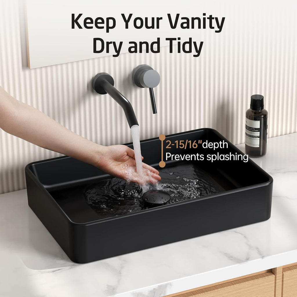 KES Matte Black 20 Inch Bathroom Vessel Sink Above Counter Rectangular Countertop Sink for Cabinet Lavatory Vanity, Ceramic, BVS123S50-BK