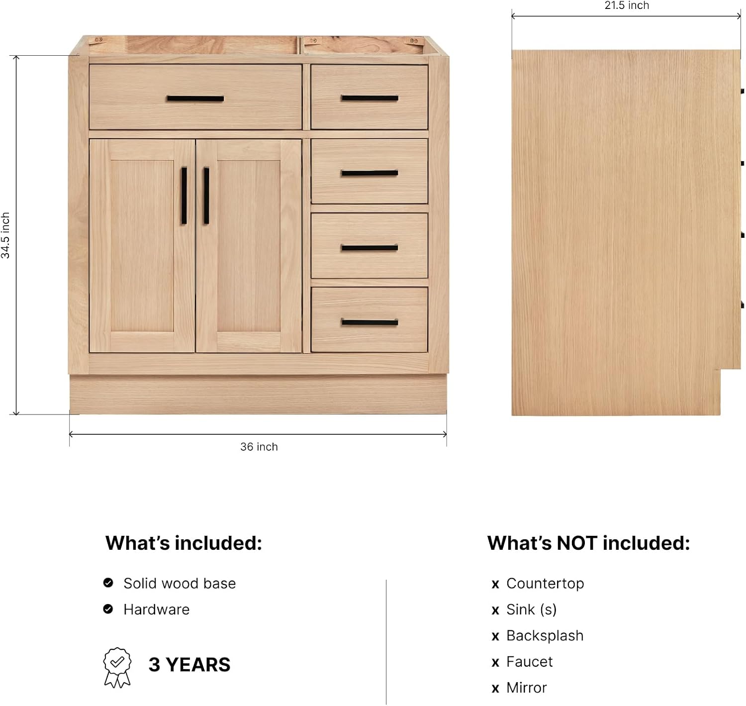 ARIEL Hepburn 36-inch Bathroom Vanity Base Cabinet,Solid Wood, 2 Soft Closing Doors, 5 Dovetail Drawers, White Oak
