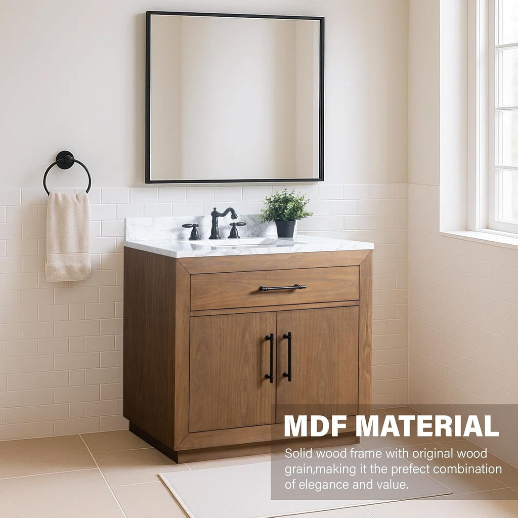 HOMEBEYOND 36' Bathroom Vanity with Single Sink & Ceramic Top, MDF Material Vanity Cabinet with Basin Combo, Soft-Closing Doors, Removable Shelf, Backsplash, Tan