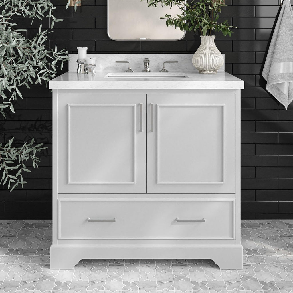 ARIEL Stafford 36-inch Bathroom Vanity with Sink,Solid Wood, 1.5-inch Italian Carrara Marble Countertop, Single Rectangular Porcelain Sink, Soft Closing Doors, Dovetail Drawers, Grey