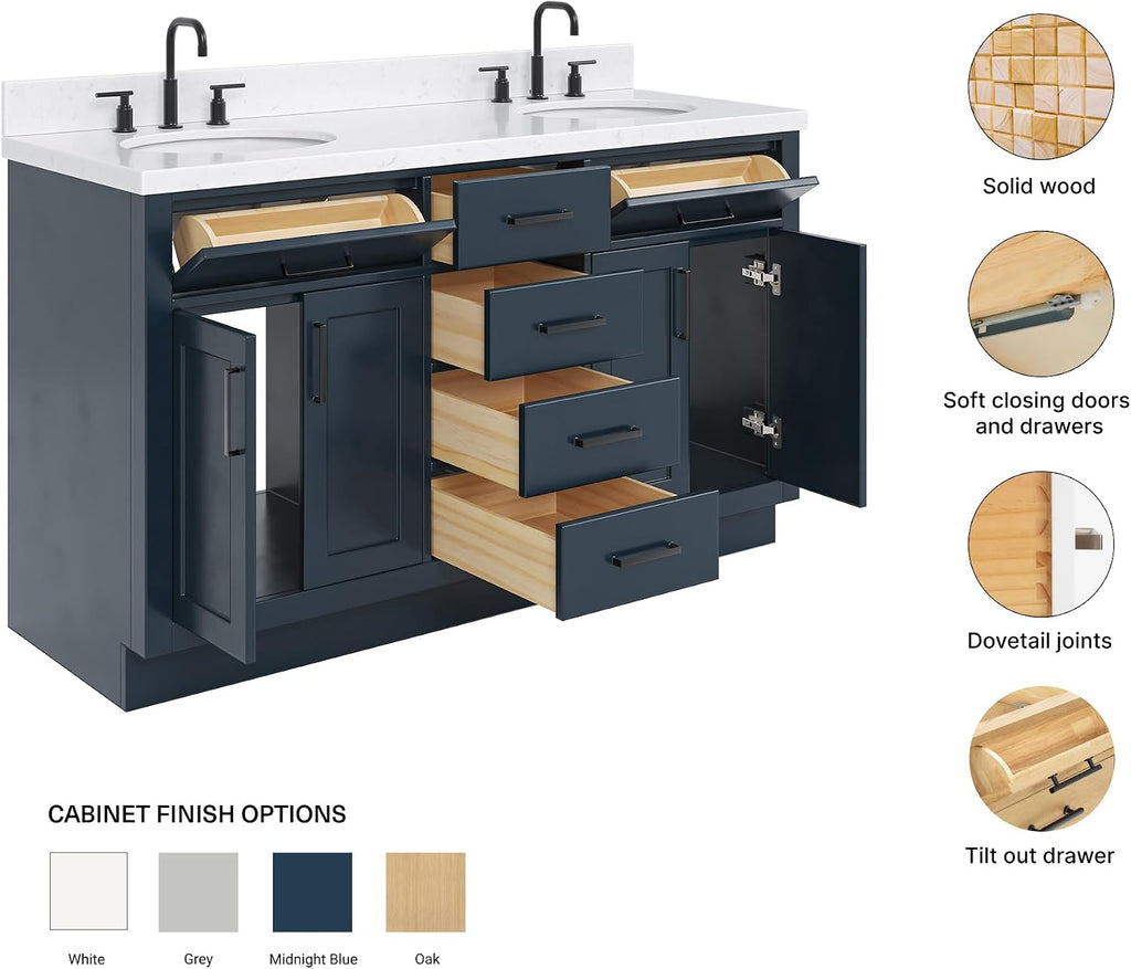 ARIEL Hepburn 60-inch Bathroom Vanity with Sink,Solid Wood, 1.5-inch Carrara White Quartz Countertop, Double Oval Porcelain Sink, 4 Soft Closing Doors, 6 Dovetail Drawers, Midnight Blue