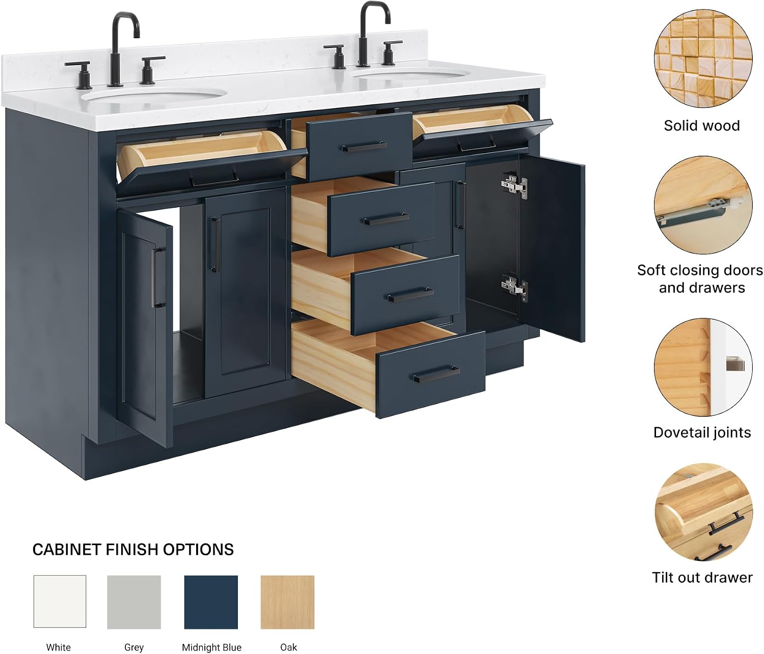 ARIEL Hepburn 60-inch Bathroom Vanity with Sink,Solid Wood, 1.5-inch Carrara White Quartz Countertop, Double Oval Porcelain Sink, 4 Soft Closing Doors, 6 Dovetail Drawers, Midnight Blue