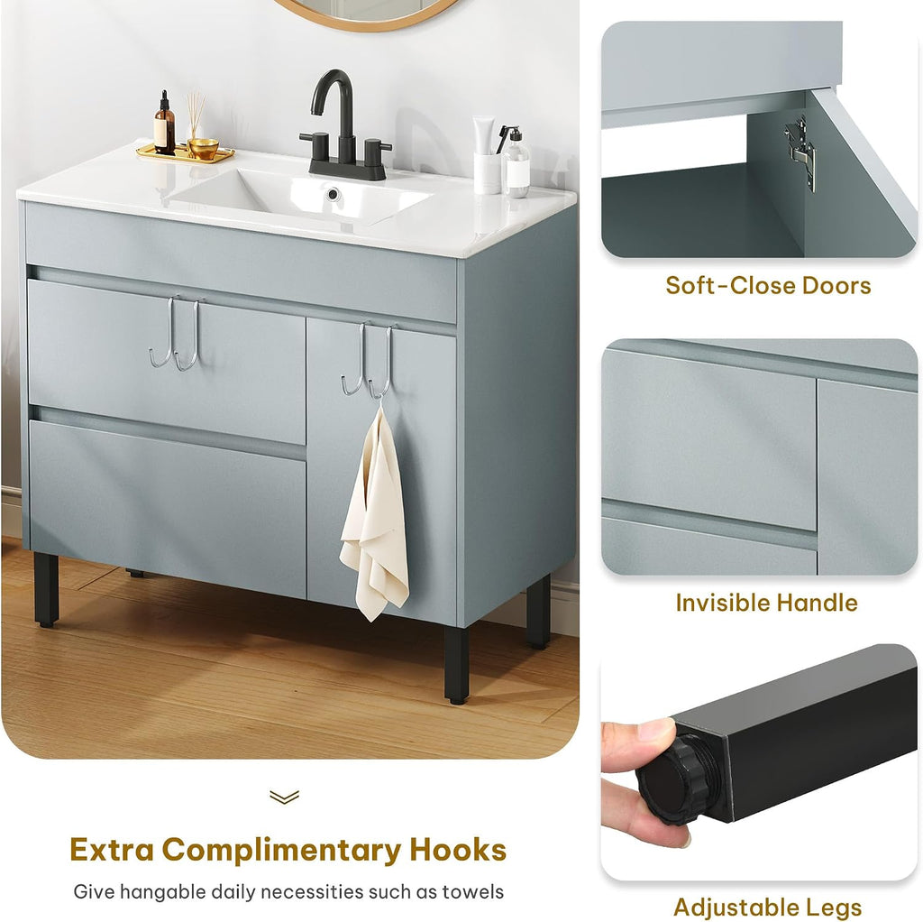YITAHOME 36 Inch Bathroom Vanity with Sink, Bathroom Cabinet Vanity for Media Space, Freestanding Storage Bathroom Vanity with 1 Soft Closing Cabinet & 2 Drawers