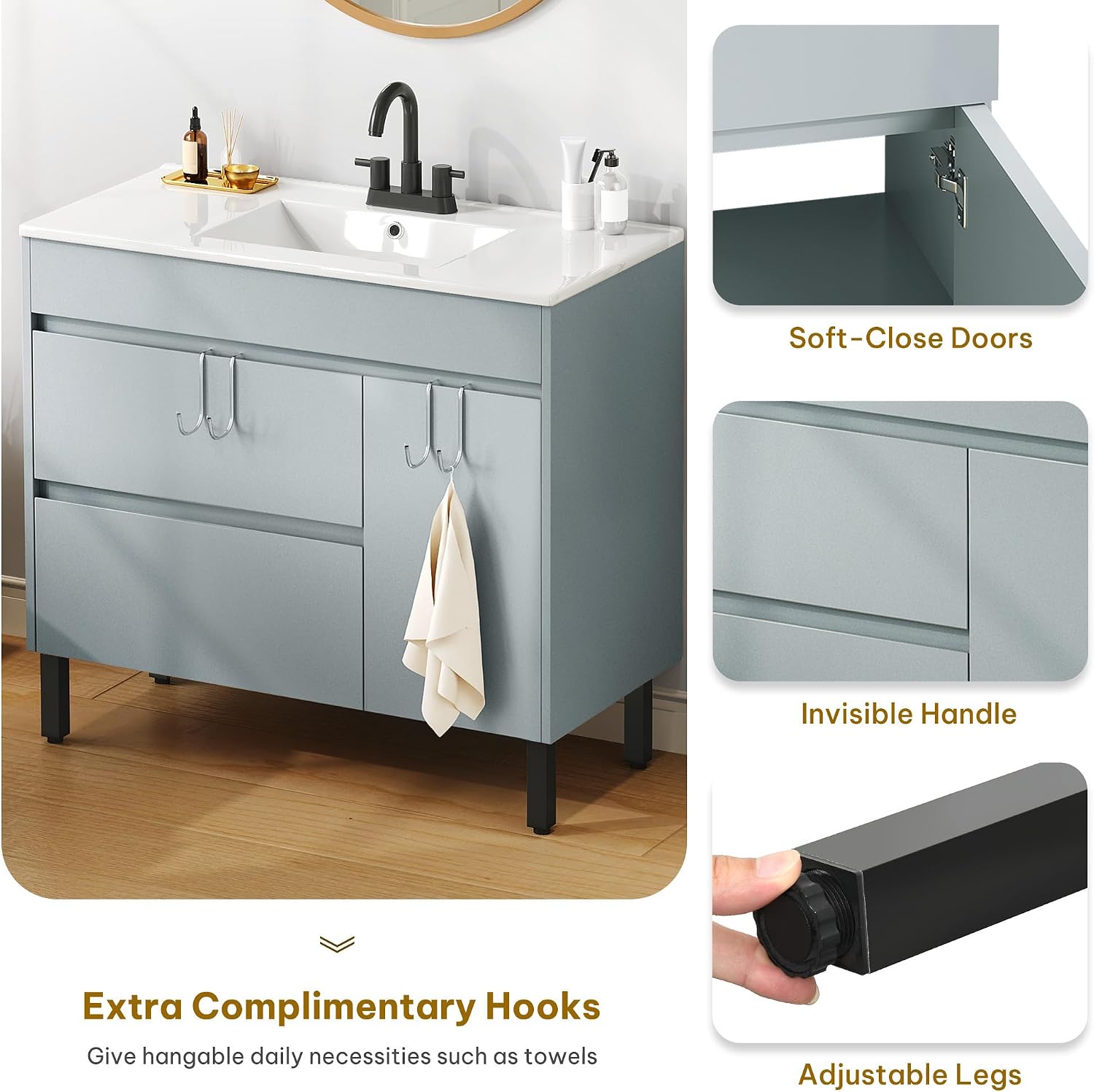 YITAHOME 36 Inch Bathroom Vanity with Sink, Bathroom Cabinet Vanity for Media Space, Freestanding Storage Bathroom Vanity with 1 Soft Closing Cabinet & 2 Drawers
