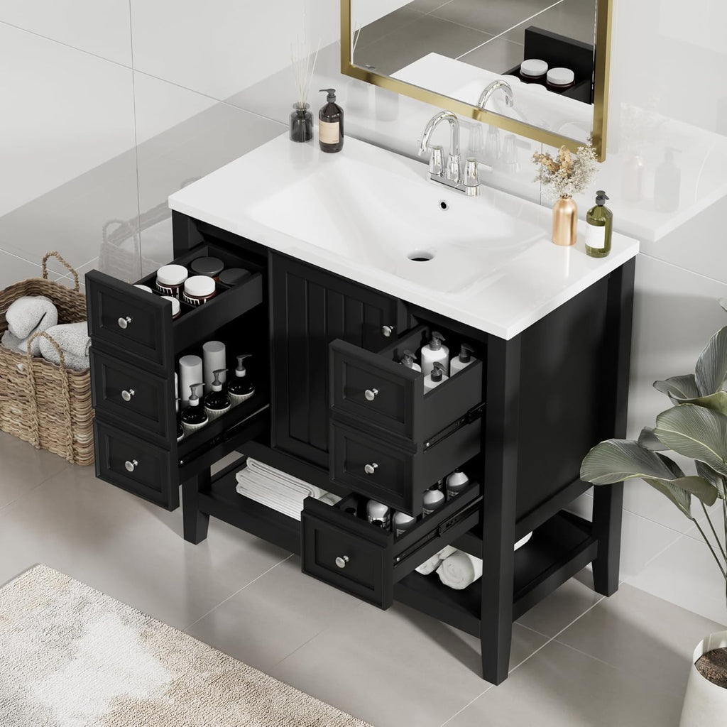36' Vanity Bathroom Cabinet with Sink Top, Three Multi-Functional Drawers, Open Storage Space, Adjustable Shelf, Black