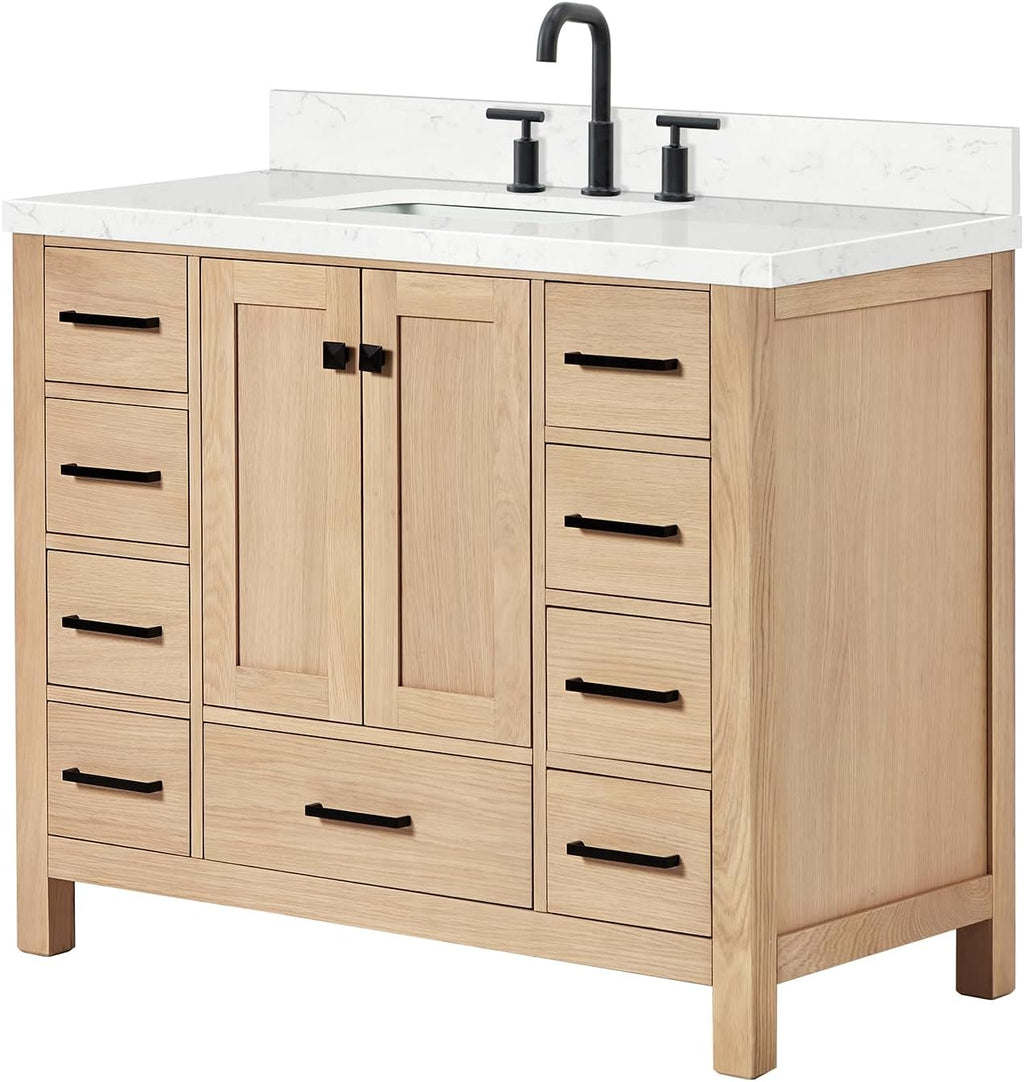 ARIEL Cambridge 42-inch Bathroom Vanity with Sink,Solid Wood, 1.5-inch Carrara White Quartz Countertop, Single Rectangular Porcelain Sink, 2 Soft Closing Doors, 9 Dovetail Drawers, White Oak
