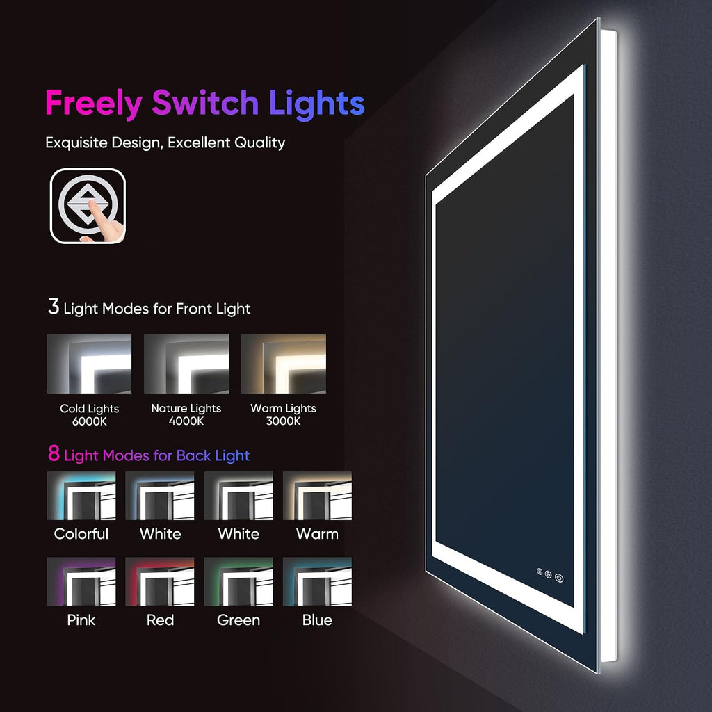 Antok 72x32 LED Bathroom Mirror with Lights, Backlit + Front Lit Vanity Mirror with CRI>90, Dimmable Anti-Fog Smart Mirror with Memory Function, 11 Color Temperatures, Shatterproof Tempered Glass, ETL