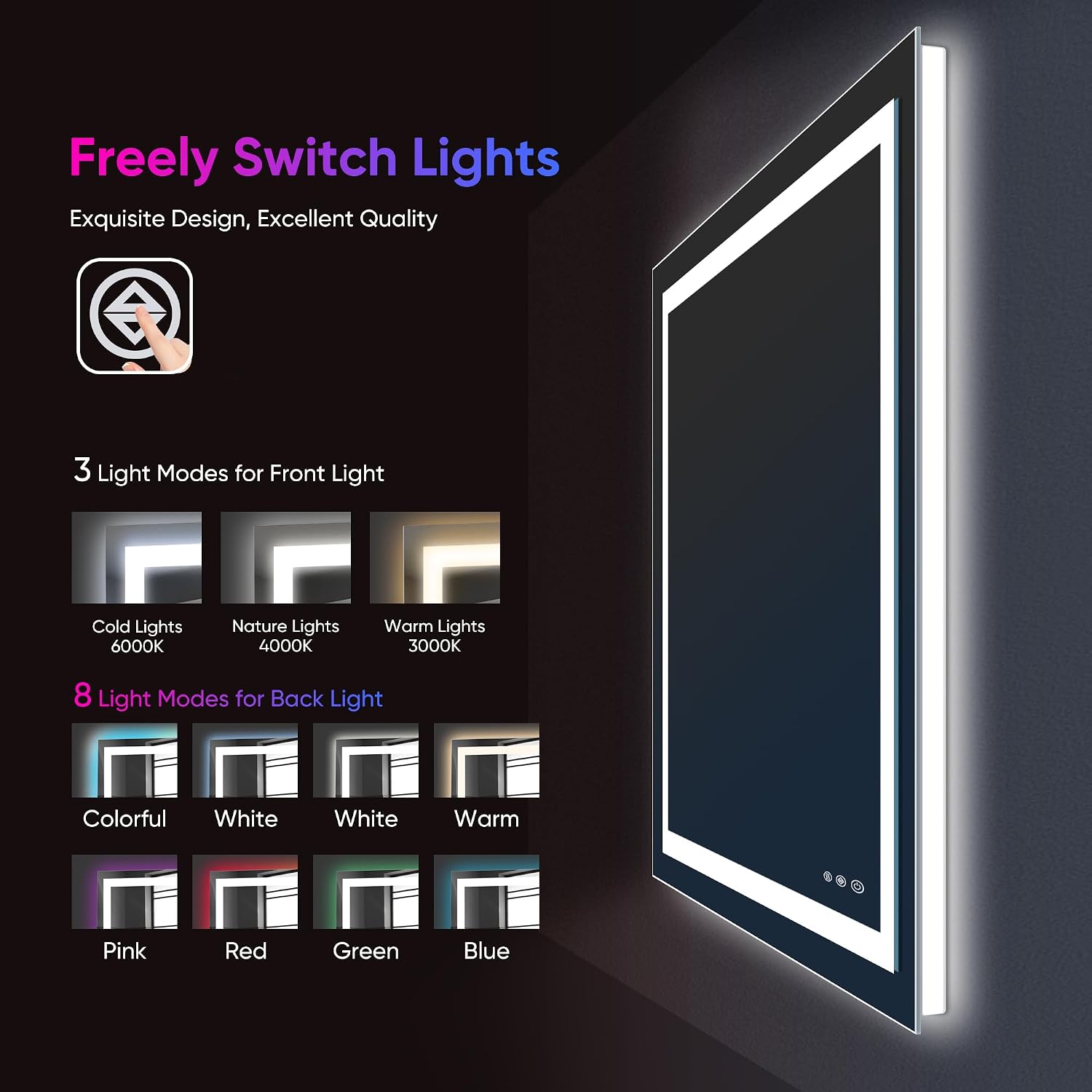 Antok 72x32 LED Bathroom Mirror with Lights, Backlit + Front Lit Vanity Mirror with CRI>90, Dimmable Anti-Fog Smart Mirror with Memory Function, 11 Color Temperatures, Shatterproof Tempered Glass, ETL