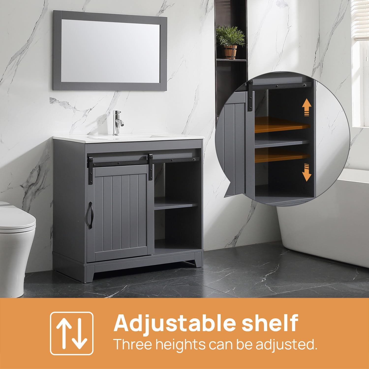 36 inch Bathroom Vanity with Sink Top Mirror Sliding Barn Door Dark Grey | Freestanding farmhouse bathroom vanity cabinet, ceramic single sink combo