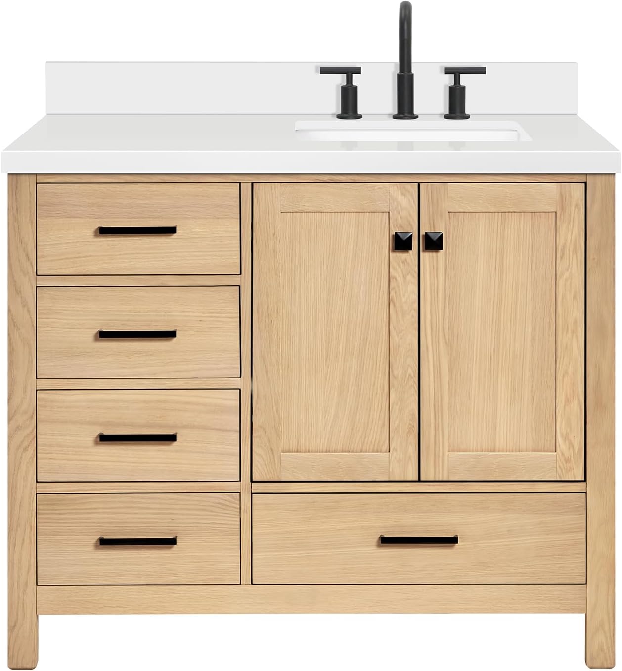 ARIEL 42-Inch Oak Bathroom Vanity with Sink, Italian Carrara Marble Countertop & 4' Backsplash, Soft Closing Door & Drawer, Matte Black Hardware