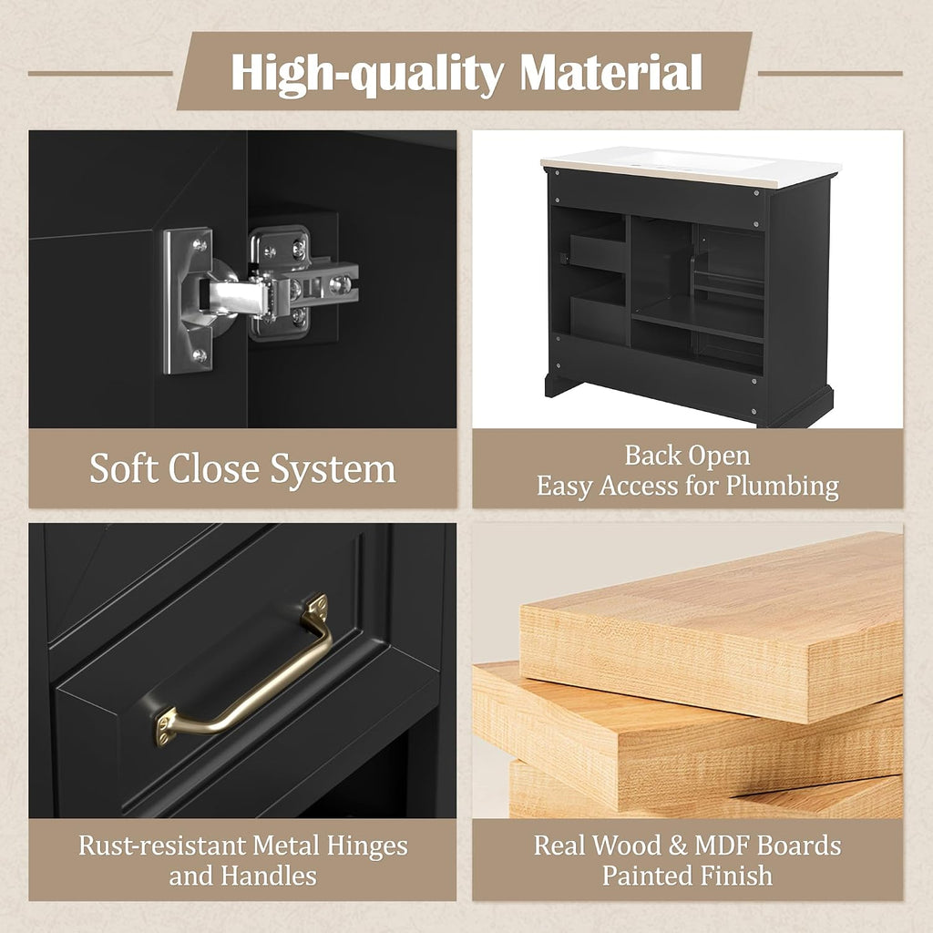 36' Bathroom Vanities Cabinet with Ceramic Sink Set Combo, Tip-Out Drawers, Storage Organizer Door Shelf, Soft-Closing Door, Black
