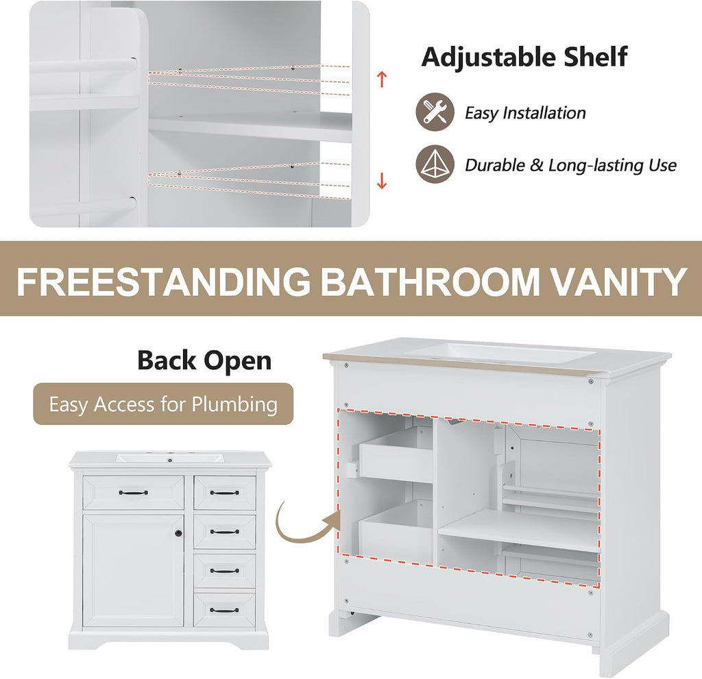 Mirightone 36' Vanity with Sink, Bathroom Vanities 36 inch with Sink, Single Sink Bathroom Vanity, 36 Restroom Vanity with Top, Includeing 2 Tip-Out Drawers and Soft Close Door Hinges (White)