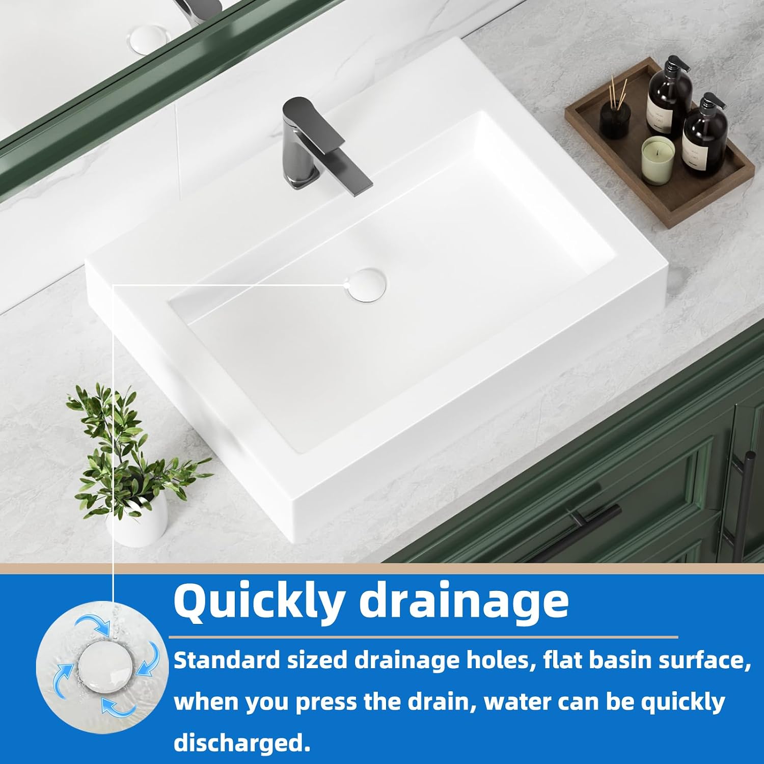KINGWONG 24' x 18.3' Rectangular Ceramic Vessel Sink, White Bathroom Sink Above Counter, No Overflow Single Hole Basin for Vanity Top, High Temp Fired Porcelain, Stain Resistant Glossy Easy to Clean