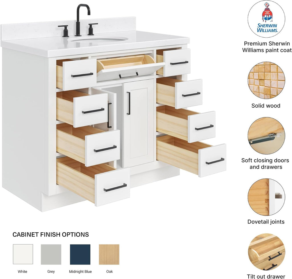 DKB Isabella 42-Inch White Bathroom Vanity with Sink, 1.5-Inch Edge Carrara Quartz Countertop, Solid Wood Frame, Oval Sink, 2 Soft Closing Doors, 9 Dovetail Drawers, Toe Kick