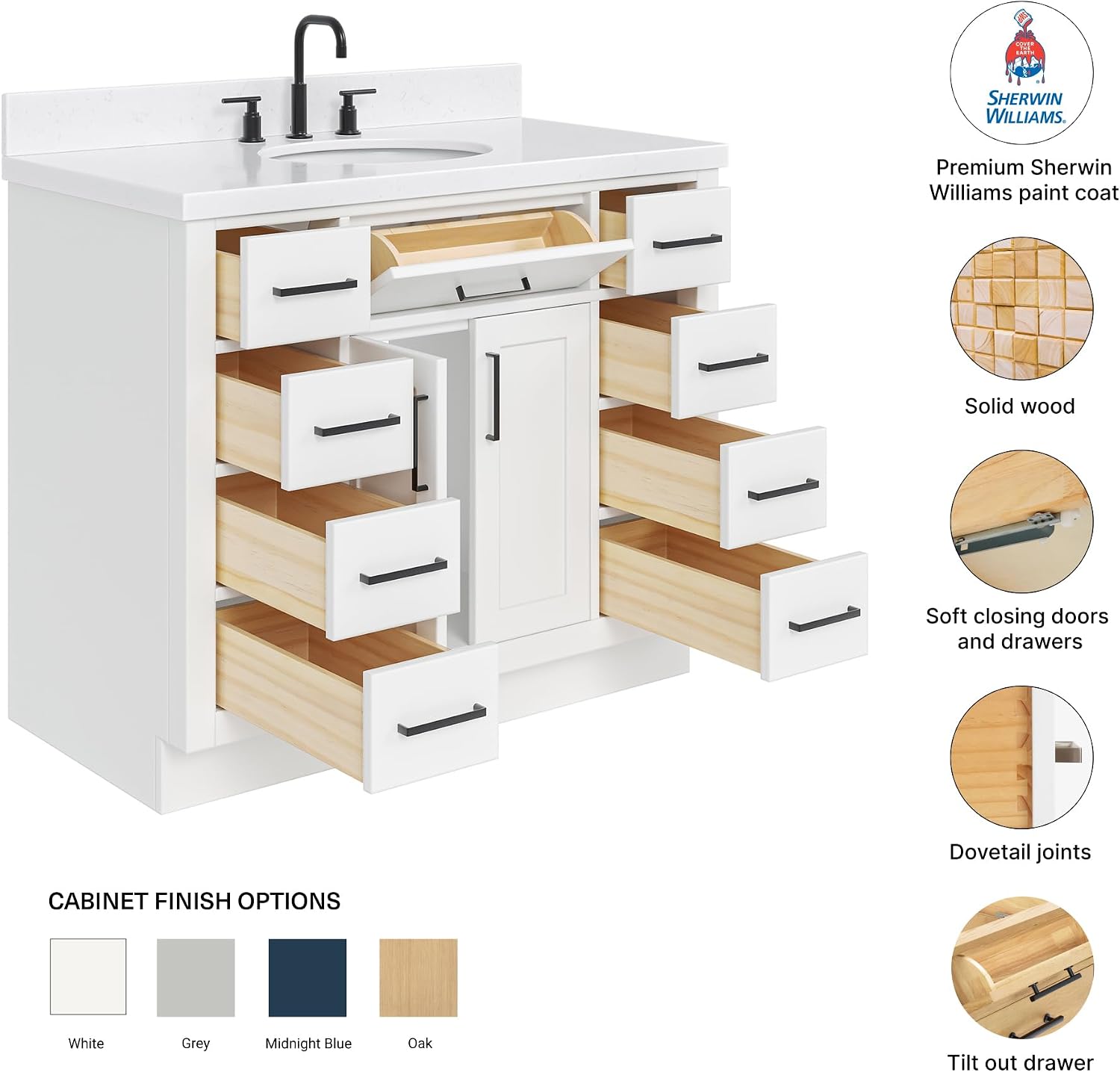 DKB Isabella 42-Inch White Bathroom Vanity with Sink, 1.5-Inch Edge Carrara Quartz Countertop, Solid Wood Frame, Oval Sink, 2 Soft Closing Doors, 9 Dovetail Drawers, Toe Kick
