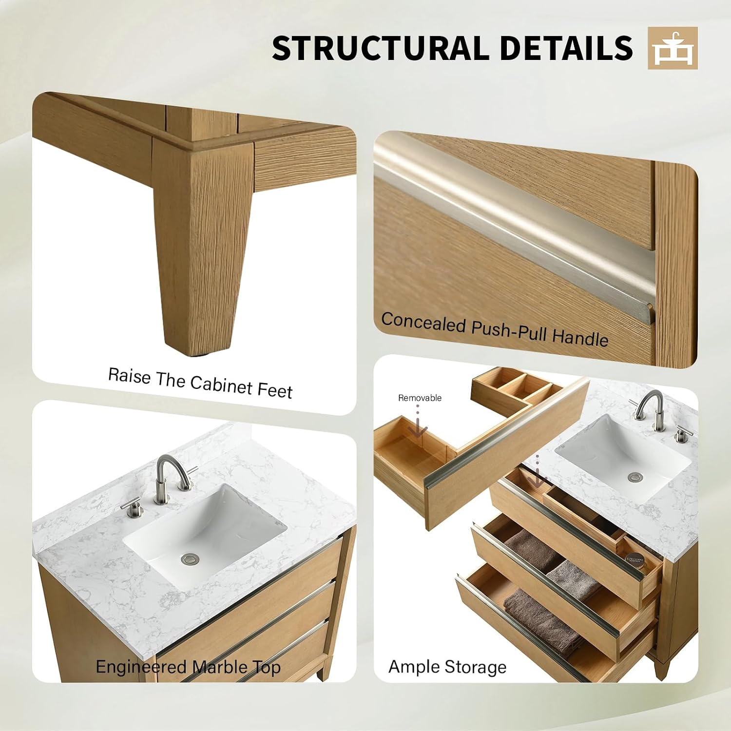 Vanity Art 36 inch Bathroom Vanity with Sink & Ceramic Top, Vanity Cabinet with 2 Drawers & 1 Multifunctional Drawer, Natural Oak, VA8036-NO1