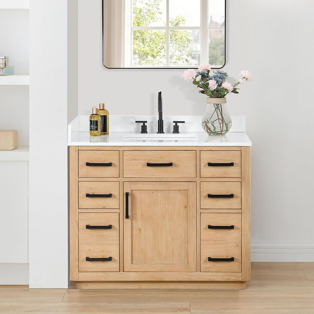 ALTAIR 42 Bathroom Vanity with Top and Sink Mordern Pedestal Single Vanities Light Brown Large Storge Cabinet with Ceramic Countertop Sidesplash and Backsplash Included Pre-Assembled