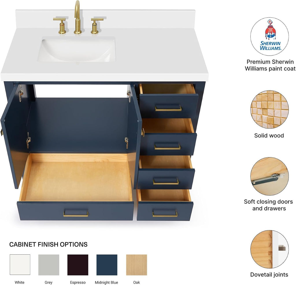 DKB Beckford 42-Inch Midnight Blue Bathroom Vanity, 1.5' Pure White Quartz Countertop & Backsplash, Left Rectangular Undermount Sink, 2 Soft Closing Doors, 5 Dovetail Drawers, Matte Black Hardware