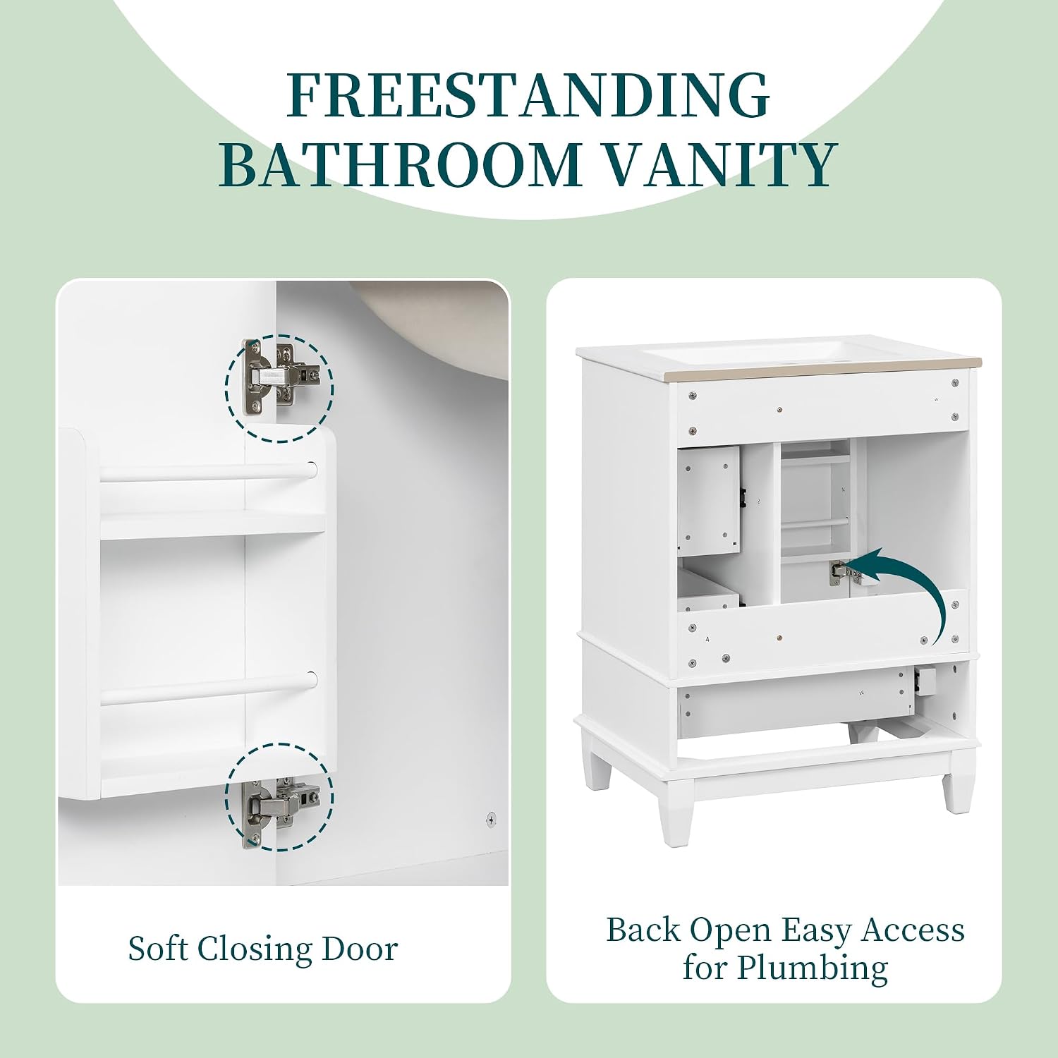 Mirightone 24' Vanity with Sink, Small Bathroom Vanities 24 Inch with Sink, Single Sink Bathroom Vanity with Door Shelf and Three Drawers, Restroom Vanity with Sink Top (White)