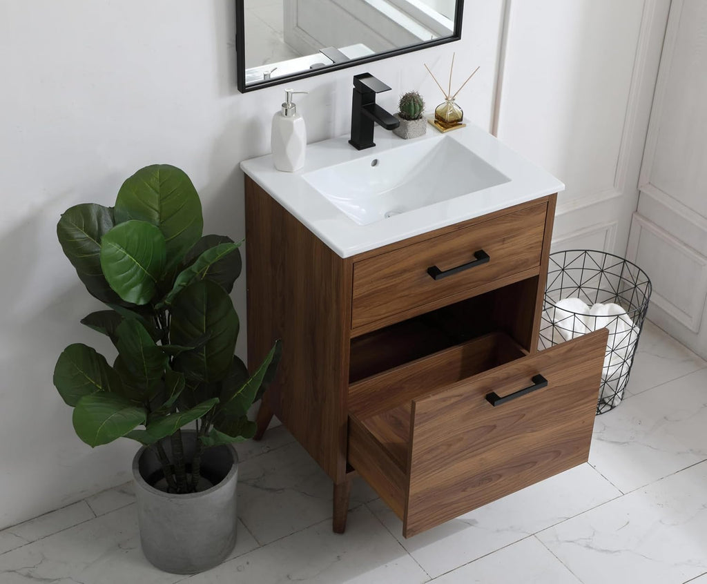 24' Pre-Assembled Bathroom Vanity with Sink, Engineered Wood, White Resin Countertop Attached, Single Rectangle Porcelain Sink, 1 Soft-Close Drawers, Walnut Brown