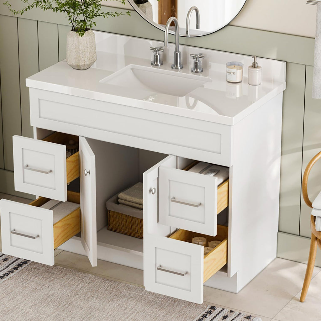 ARIEL Hamlet 42-inch Bathroom Vanity with Sink,Solid Wood, 1.5-inch Pure White Quartz Countertop & Backsplash, Single Oval Sink, 2 Soft Closing Doors, 4 Dovetail Drawers, White