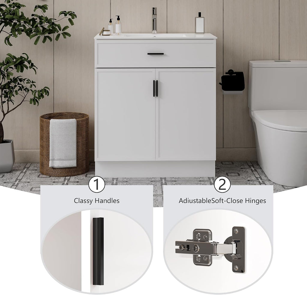 30 Inch White Bathroom Vanity with Ceramic Sink, Modern Freestanding Bathroom Cabinet with Soft-Close Doors & Storage, Moisture-Resistant Paint Surface, Single Sink Vanity for Small Bathroom