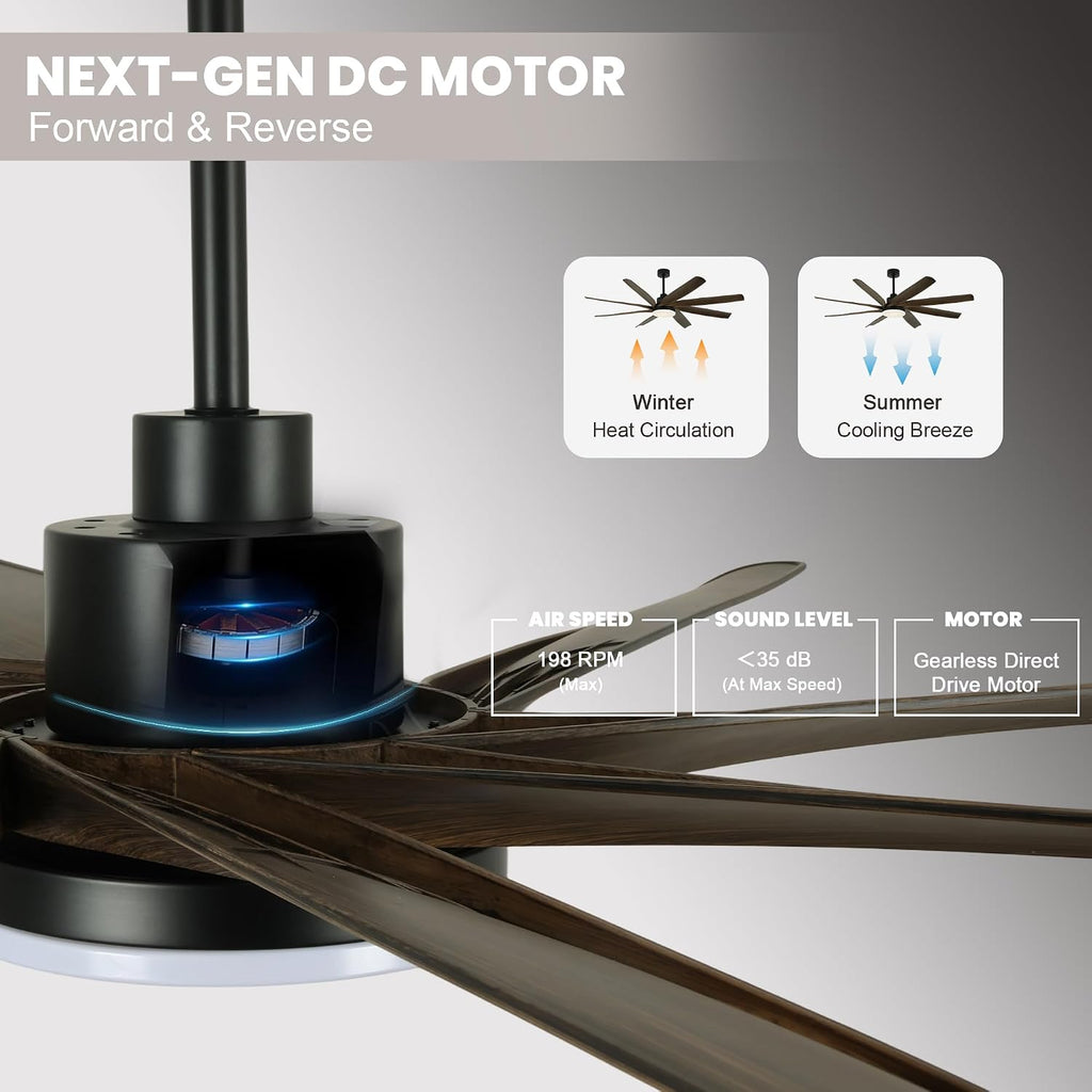 Dawn Whisper 72 Inch Ceiling Fans with Lights and Remote Black Large Modern LED Ceiling Fan for Living Room Bedroom 8 Blades 6 Speed Reversible DC Motor