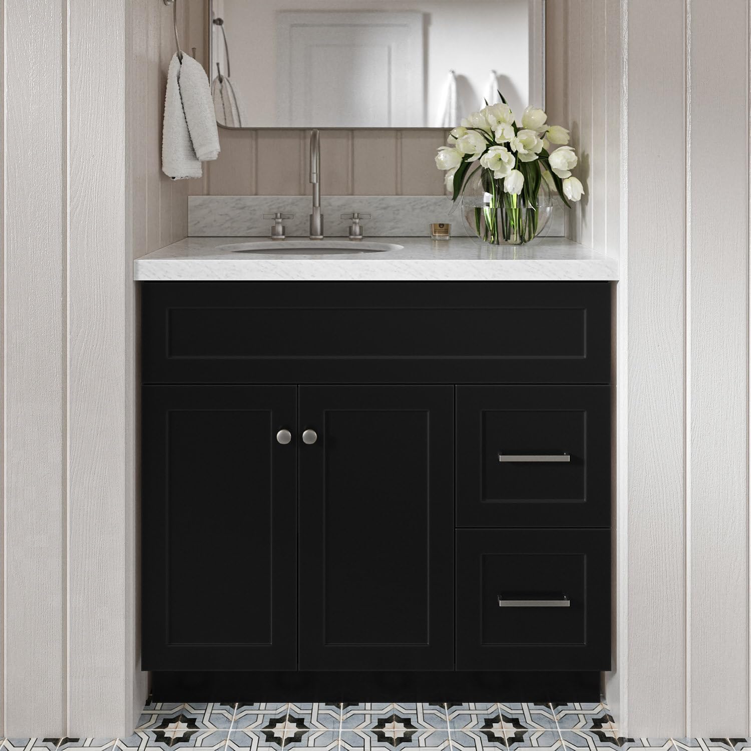 DKB Bradford 36' Black Single Bathroom Vanity with Sink, 1.5' Edge Italian Carrara Marble Countertop, Oval Undermount Sink, 2 Soft-Closing Doors, 2 Dovetail Drawers