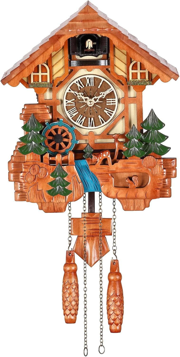 Kintrot Cuckoo Clock Black Forest Chalet Clock 11x22.5 Inches | Handcrafted Wooden Wall Clock with Singing Bird, Rotating Waterwheel, Night Mode and 12 Melodies