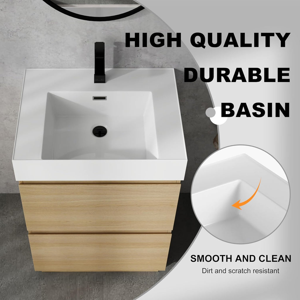 24 Inch Bathroom Vanity with Sink, Freestanding Single Sink Bathroom Vanity with Soft Closed Drawers, Integrated Sink, Engineered Wood Bathroom Sink Vanity (Oak)