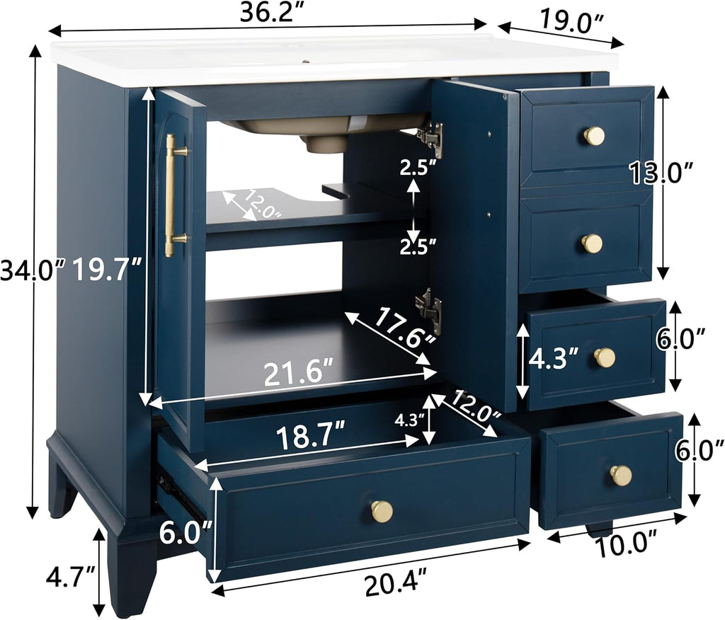 36 inch Bathroom Vanity with Sink Combo, Mid Century Modern Freestanding Bathroom Cabinet with Integrated Ceramic Sink, 4 Storage Drawers, 2 Soft Closed Doors, Adjustable Shelves, Golden Handle, Blue