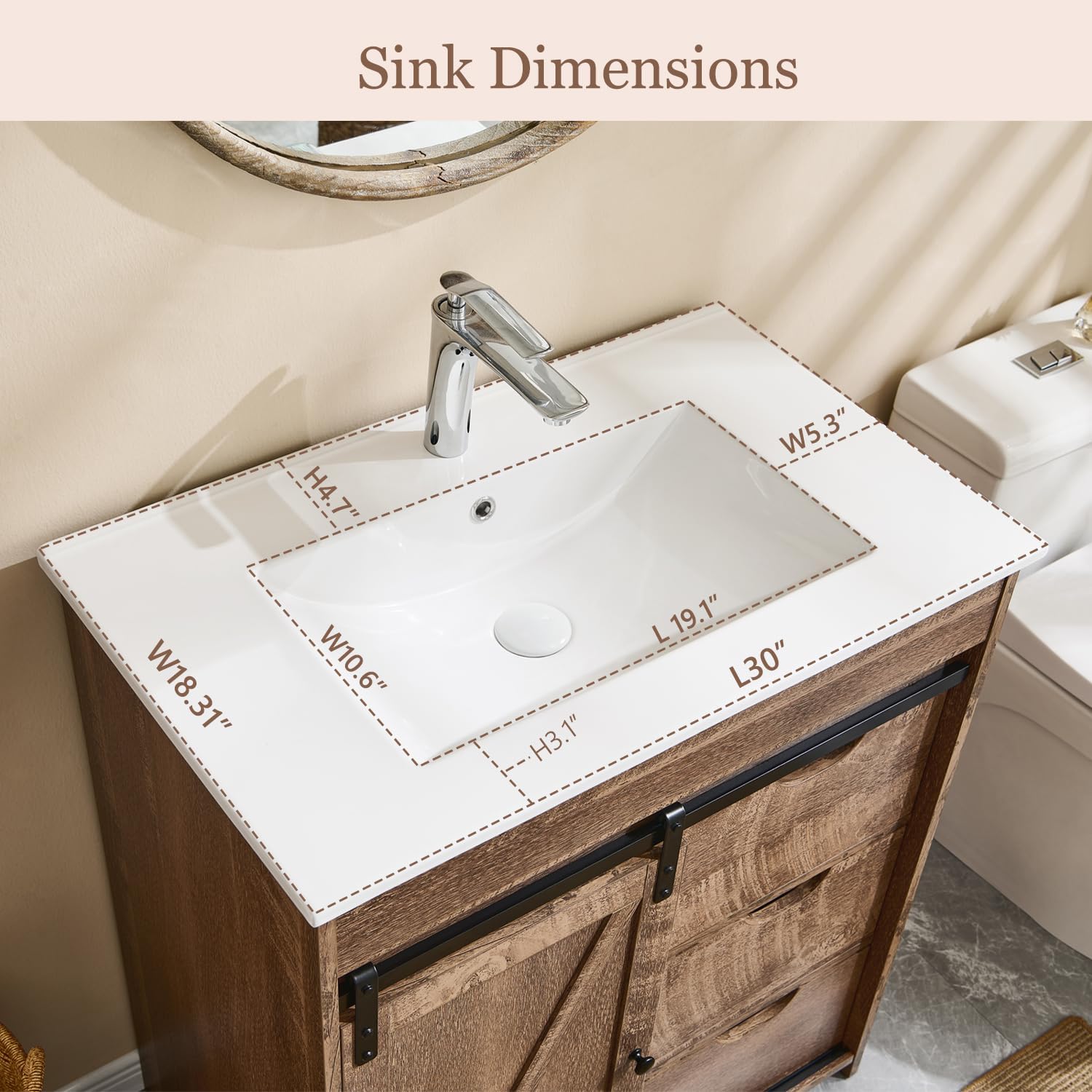Aitjunz 30' Farmhouse Bathroom Vanity with Ceramic Sink Combo, Freestanding Modern Bathroom Storage Vanity Cabinet w/Sliding Barn Door, 3 Drawers & Adjustable Shelves, Light Brown