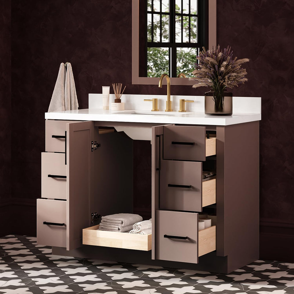 ARIEL Loren 48-inch Bathroom Vanity with Sink,Solid Wood, 1.5-inch Pure White Quartz Countertop, Single Rectangular Porcelain Sink, 2 Soft Closing Doors, 7 Dovetail Drawers, Mocha