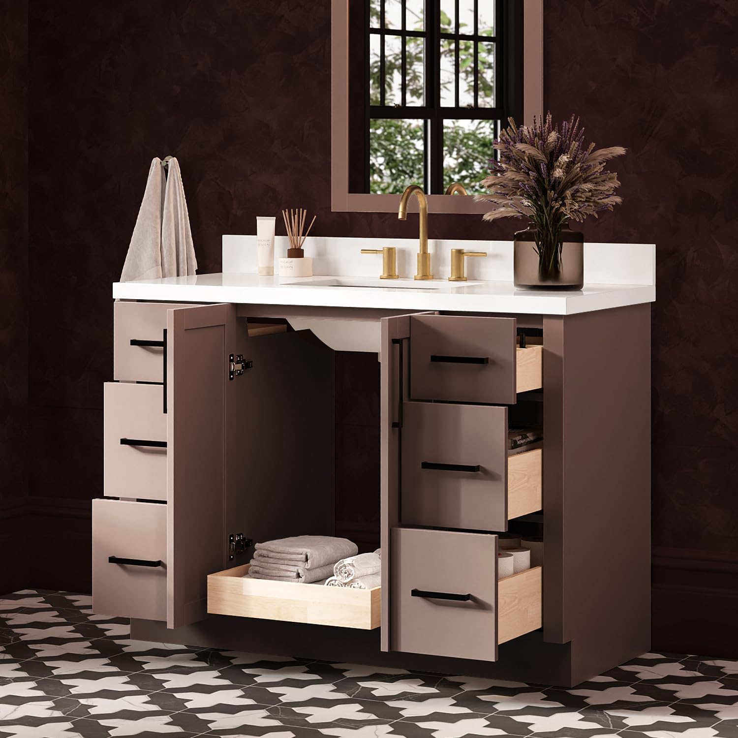 ARIEL Loren 48-inch Bathroom Vanity with Sink,Solid Wood, 1.5-inch Pure White Quartz Countertop, Single Rectangular Porcelain Sink, 2 Soft Closing Doors, 7 Dovetail Drawers, Mocha