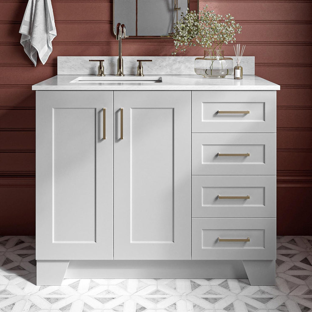 ARIEL Taylor 42-inch Bathroom Vanity with Sink,Solid Wood, 0.75-inch Italian Carrara Marble Countertop, Single Rectangular Porcelain Sink, 2 Soft Closing Doors, 5 Dovetail Drawers, Grey