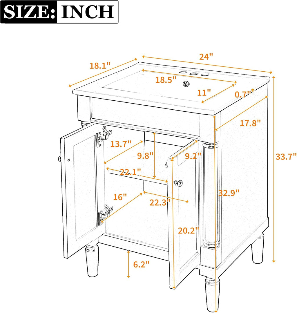 Merax 24' Bathroom Vanity with Sink, Powder Room Small Bathroom Vanity with 2-Door Cabinet, Undermount Sink, Solid Wood Frame Bathroom Storage Cabinet