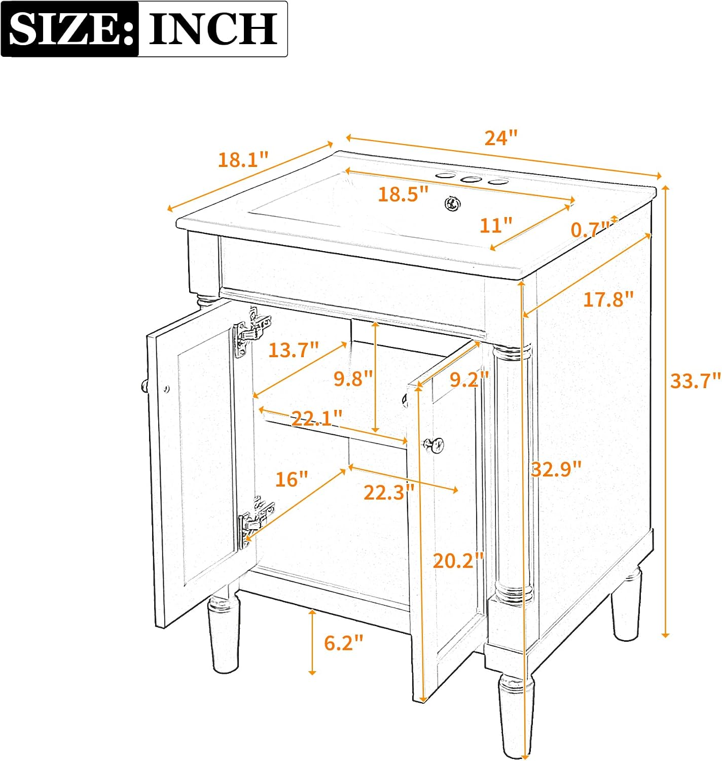 Merax 24' Bathroom Vanity with Sink, Powder Room Small Bathroom Vanity with 2-Door Cabinet, Undermount Sink, Solid Wood Frame Bathroom Storage Cabinet