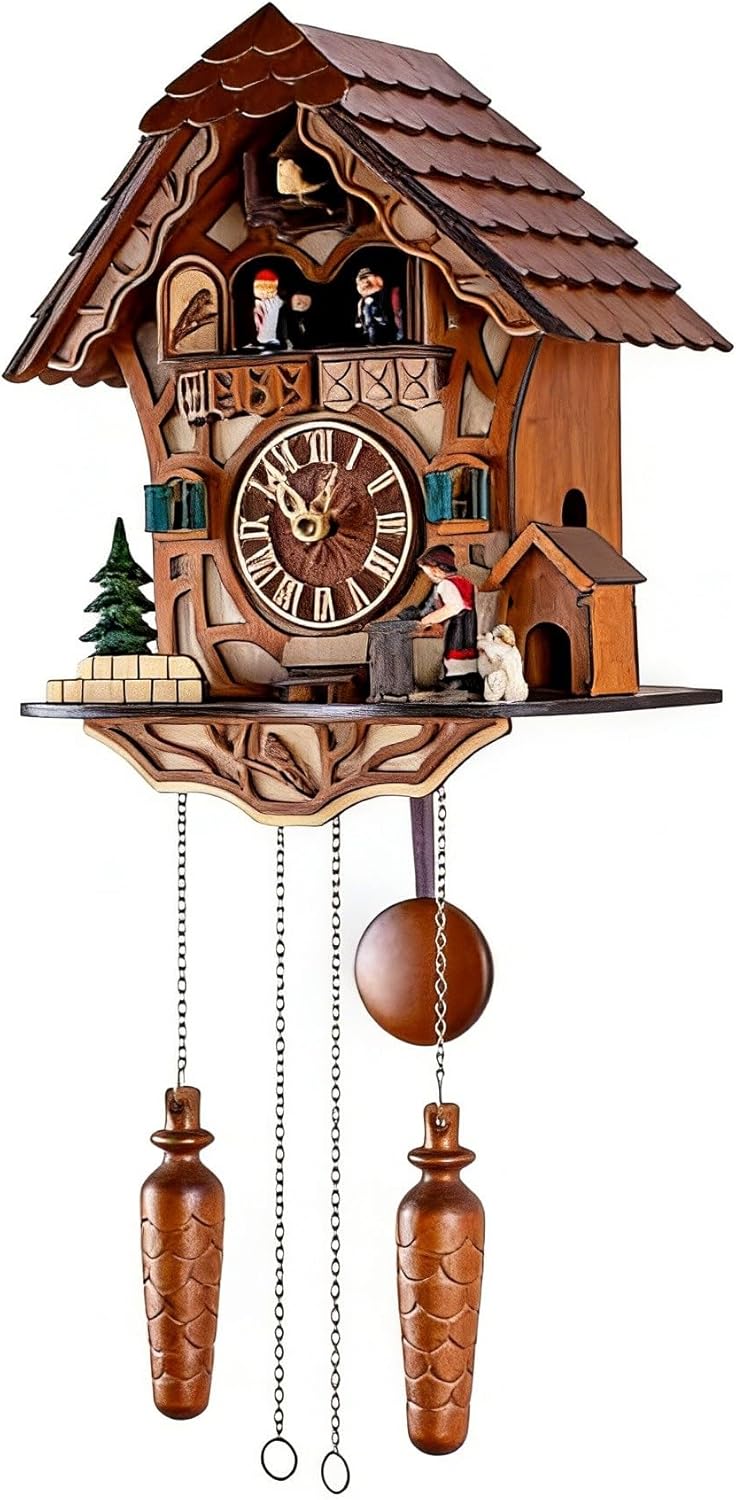 Traditional Black Forest Wooden Cuckoo Clock with Dancing Figures, Handcrafted Wall Clock with Moving Dancers for Dining Room