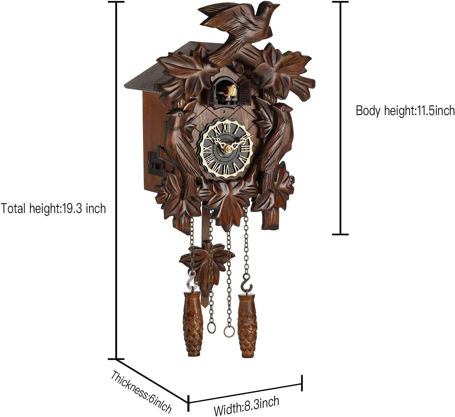 Kintrot Cuckoo Clock, Traditional Black Forest Handcrafted Wooden Quartz Clock for Wall Antique Decroration with Maple Leaf Pendulum, 12 Melodies, Night Sensor and Singing Bird