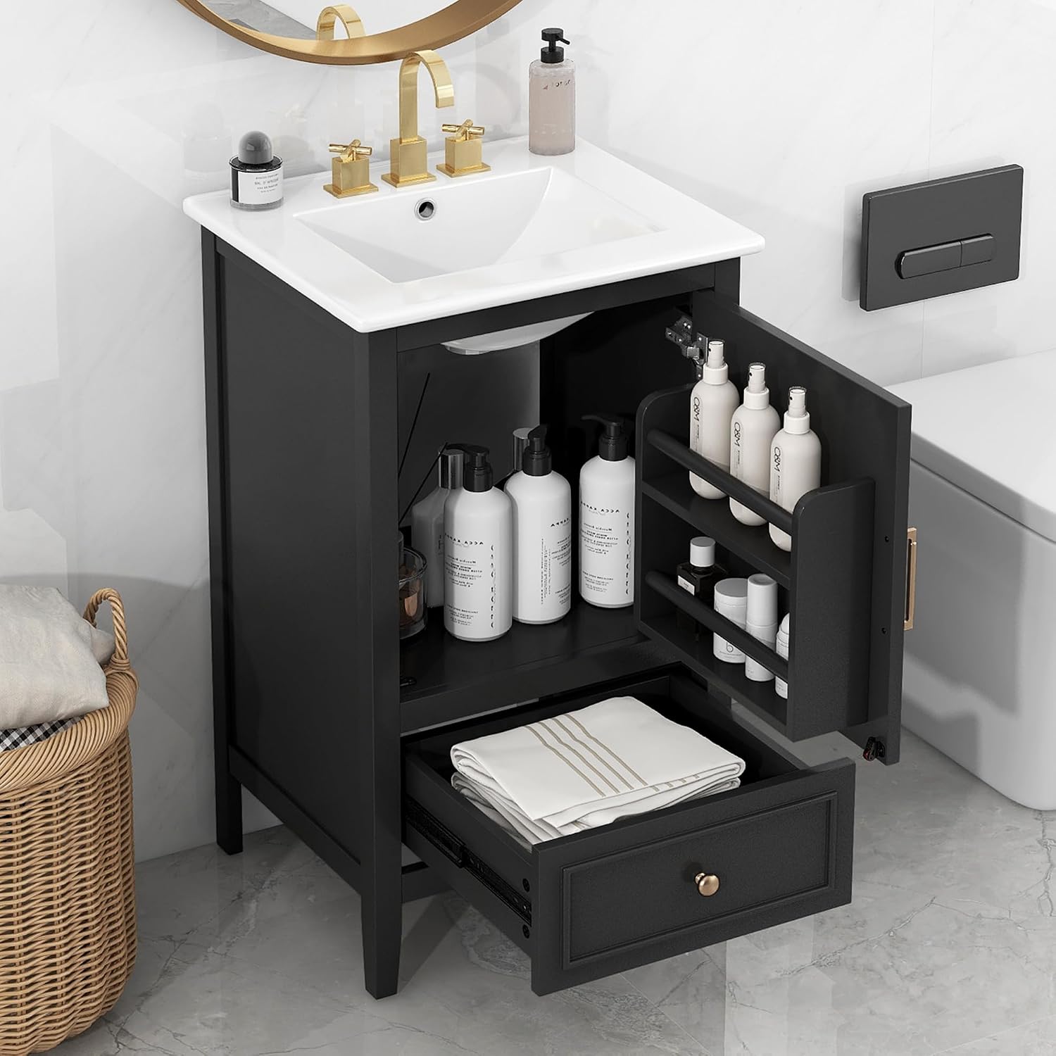Harper & Bright Designs 20' Bathroom Vanity with Sink, Free Standing Single Vanity Set with One Drawer, and Door Storage Shelf, Solid Wood Storage Cabinet with Ceramic Basin for Bathroom, Black