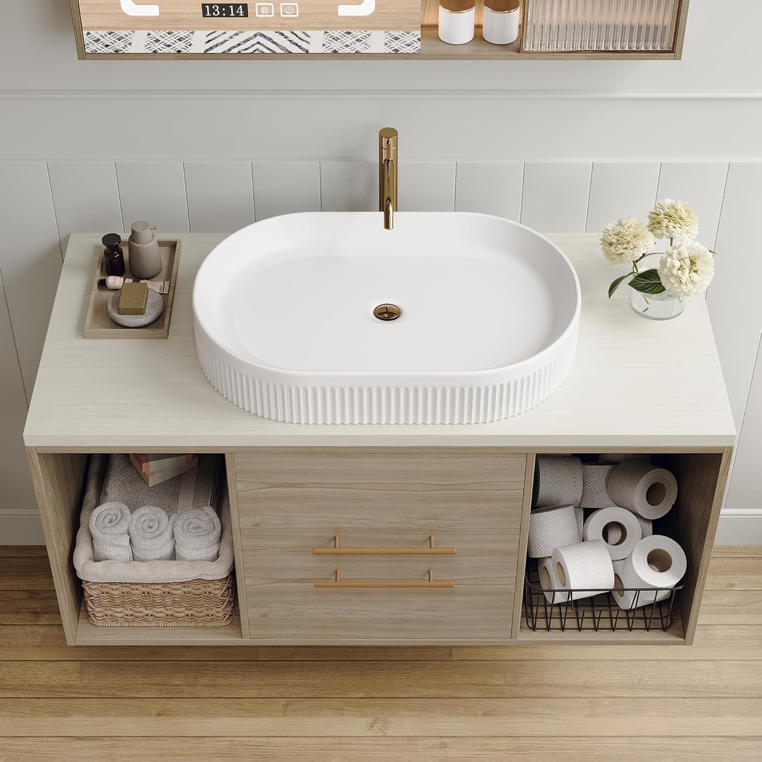 40 Inch Modern Bathroom Vanity Floating Bathroom Vanities with Above-Ground Oval Sink 40' Wall Mounted Bathroom Sink Cabinet with 2 Drawers&2 Open Shelves&Gold Metal Handle, Oak