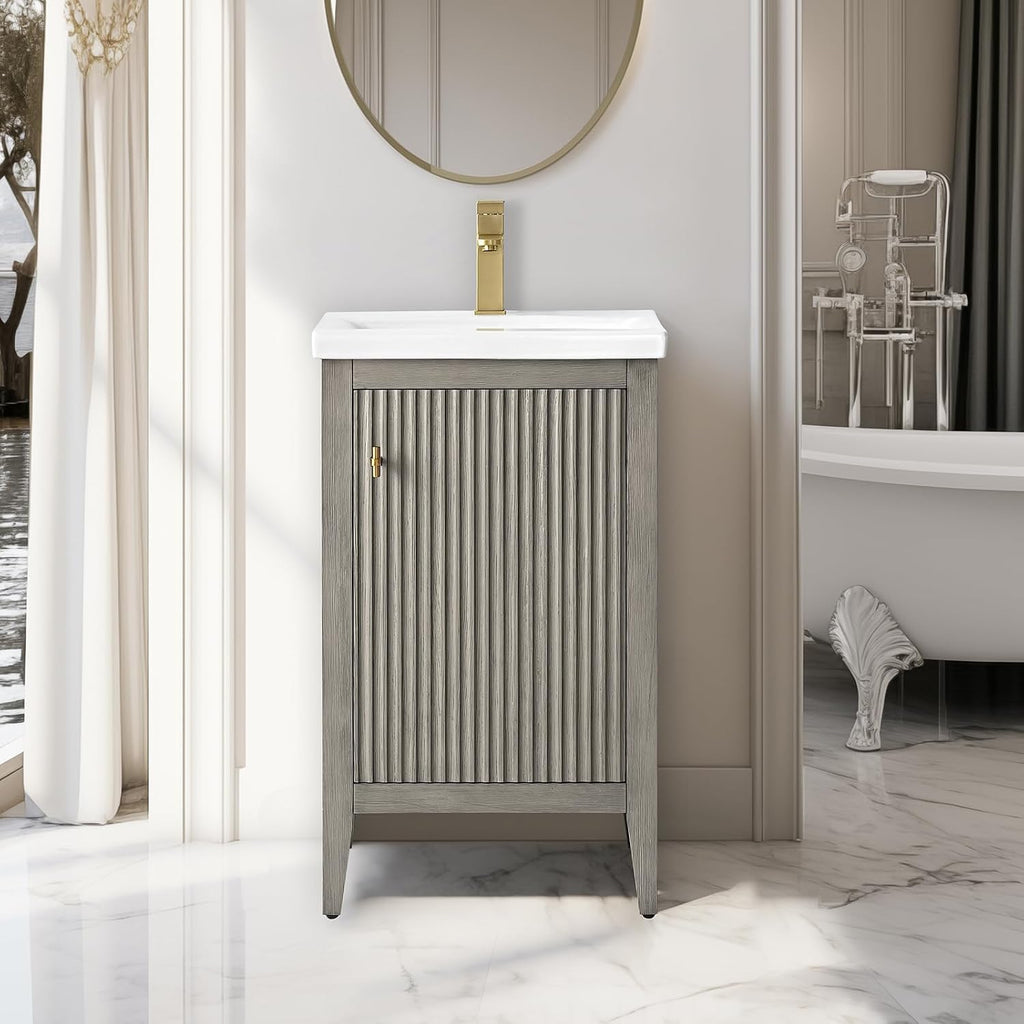 Vanity Art 20 inch Bathroom Vanity with Single Sink & Ceramic Top, Vanity Cabinet with Soft-Closing Door, Solid Wood Frame, Linear Pattern, Driftwood Gray, Golden Brushed Handware VA9120-DG-GB