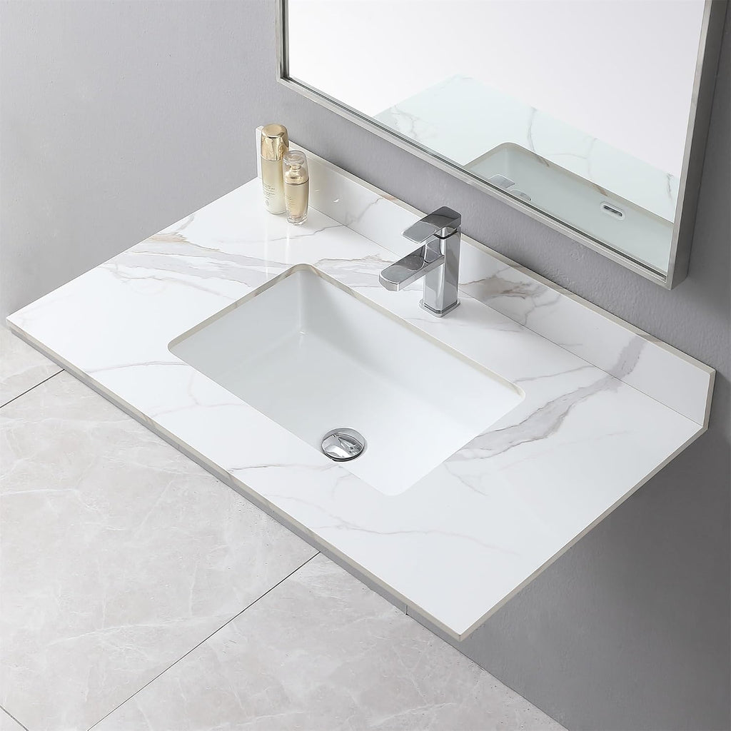 37' Bathroom Vanity Top with Ceramic Undermount Sink & Backsplash,Carrara Gold Sintered Stone Counter Top, Single Hole Vanity Sink Top