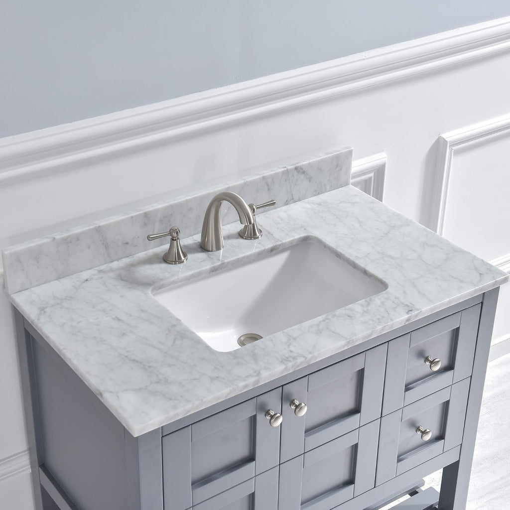 WOODBRIDGE 37' x22' Vanity Top with Single Under Mount Rectangle Bowl, Carrara White Marble, Pre-drilled with 3-hole for 8-inch Widespread Faucet set up Option, CAVT3722-8
