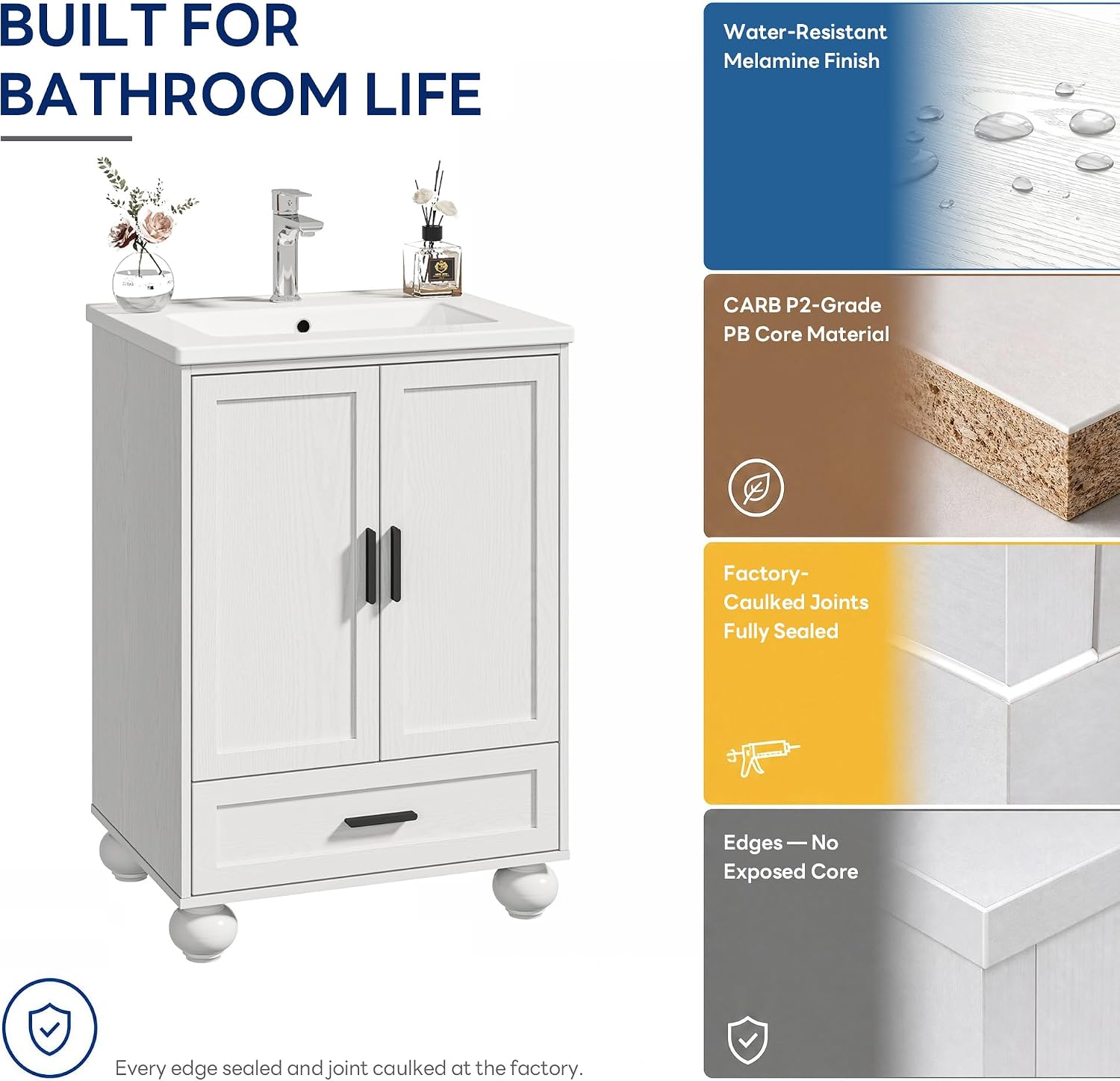 LIKIMIO 24' Bathroom Vanity with Ceramic Sink, Small Bathroom Storage Cabinet, 2 Doors 1 Drawer, 4 Solid Wood Legs, Fits 15-40 sqft Bathroom, White Freestanding Vanity Cabinet for Apartments, Rentals