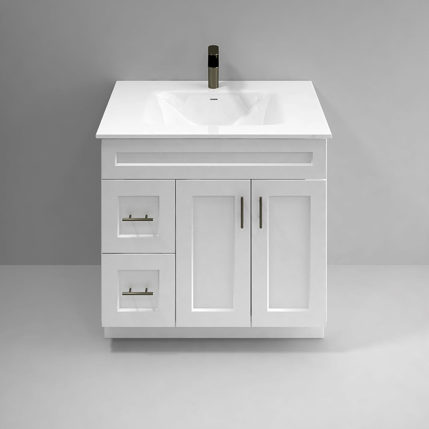 White Shaker Bathroom Vanity with Sink 36' – Solid Surface One-Piece Top, Soft-Close Doors & Drawers, Polyurethane Nano Resin Sink, Pre-Drilled Faucet Hole, Modern Bath Vanity Cabinet Set
