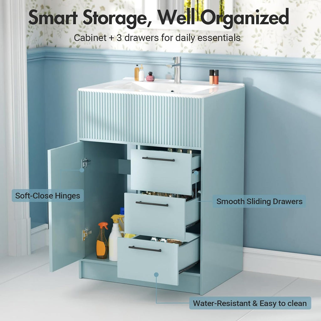 Kikihouse 24 Inch Bathroom Vanity with Sink, Freestanding Modern Bathroom Vanity Cabinet with Ceramic Basin, Single Sink Small Bathroom Vanity for Apartment (Blue, 24 inch)